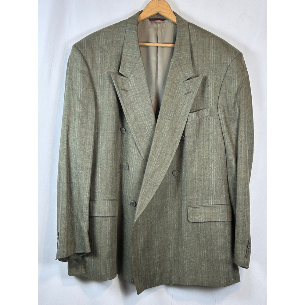 Hart Schaffer & Marx Dbl Breasted Blazer Mens XL Olive Green Herringbone Plaid